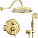 Antique Shower Faucet-Set Complete: Wall Mount 9 inch Rain Head and Handheld Spray Combo, 2 Way Diverter Brass Valve with Trim Kit, Brushed Gold