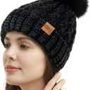 2 x REDESS Women Winter Pompom Beanie Hat Fleece Lined Warm Hats, Thick Slouchy Snow Knit Crossed Cap for Ladies (Black)