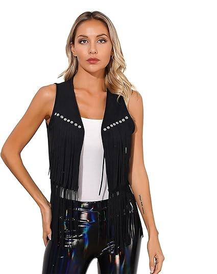 Womens Tassel Vest 70s Hippie Sleeveless Fringe Jacket with Cowgirl Hat Western Faux Suede Outfit Black
 S