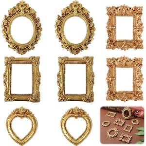 Tyqour 8PCS Mini Gold Picture Frames Vintage Small Resin Miniature Tiny Picture Frames for Crafts Antique Mini Photo Frame for DIY Jewelry Christmas Holiday Party Hotel Decor
