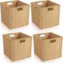 Newtay 4 Pcs Wicker Storage Baskets 13 x 13 in Cube Storage Bin Organizer Camel Square Foldable Wicker Baskets for Shelves Organizing Decor Laundry Pantry Toys