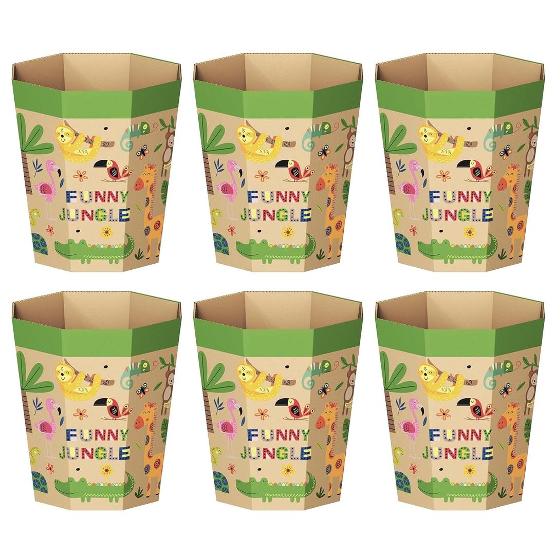 6-Pack Cardboard Trash Can  Foldable, Recyclable, Plastic-Free & Reusable Small Waste Paper Basket for Kids - Garbage Bin Perfect for Bedrooms, Playrooms, Children's Room & Outdoor (1.6 Gallon) (Animal Print)