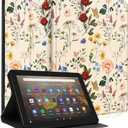 Wazzasoft for Amazon Kindle Fire HD 10/10 Plus Tablet Case 13th/11th Generation for Women Girls Cute Folio Cover Fashion Design Girly Kawaii Flower Floral Pretty Unique Cases for Kindle Fire 10.1 Inch