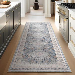 Phantoscope Hallway Runner - Boho Washable Non-Slip Kitchen Rug, 2'x6', Ultra-Thin Vintage Distressed Accent Throw for Entryway, Laundry, Bathroom, Bedroom, Dusty Blue/Multi