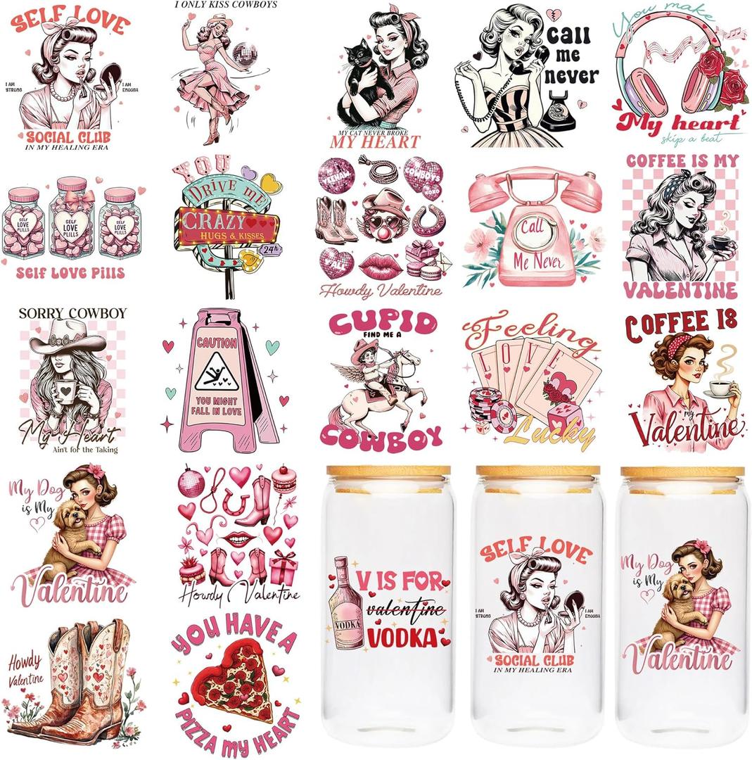 UV DTF Cup Wrap - 20 Sheet Retro Valentine UV DTF Transfer Stickers, Vintage Funny Cup Wraps for Glass, Sassy Retro Decals, DIY Crafts for Cow Girls Fans