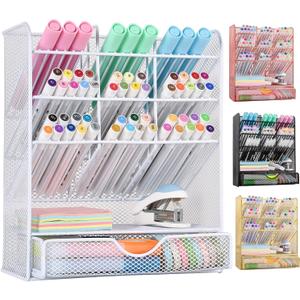 Spacrea Pen Holder Desk Organizer - Desk Organizers and Accessories, Pencil Holder with 10 Compartments and 1 Drawer（White）