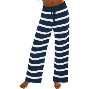 ZESICA Womens Casual Striped Wide Leg Pants Elastic Waist Drawstring Knit Loose Soft Pajama Lounge Pants Fall Clothes (M)