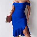CHICME Womens Sexy Bodycon Party Dress Off The Shoulder Pearls Strap Midi Dress Ruffle Hem Cocktail Dresses (Blue)