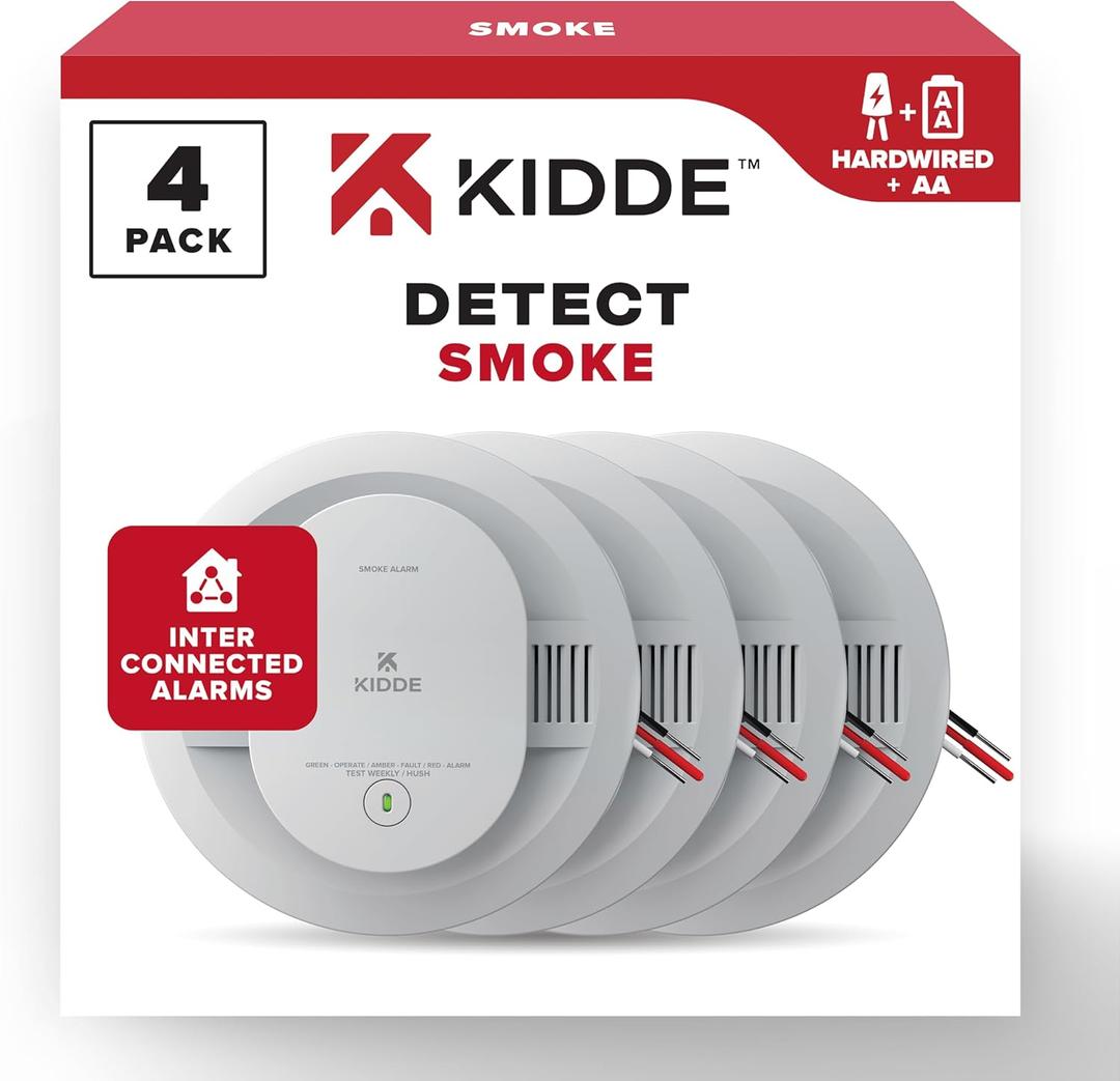 Kidde Hardwired Smoke Detector, AA Battery Backup, Interconnectable, LED Warning Light Indicators, 4 Pack, Exp: Aug 15, 2035