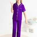 Veseacky Girls Silk Pajamas Short Sleeve Pjs for Kids Satin Two Piece Lounge Sets Sleepwear with Long Pants (Purple,12y) (Purple)