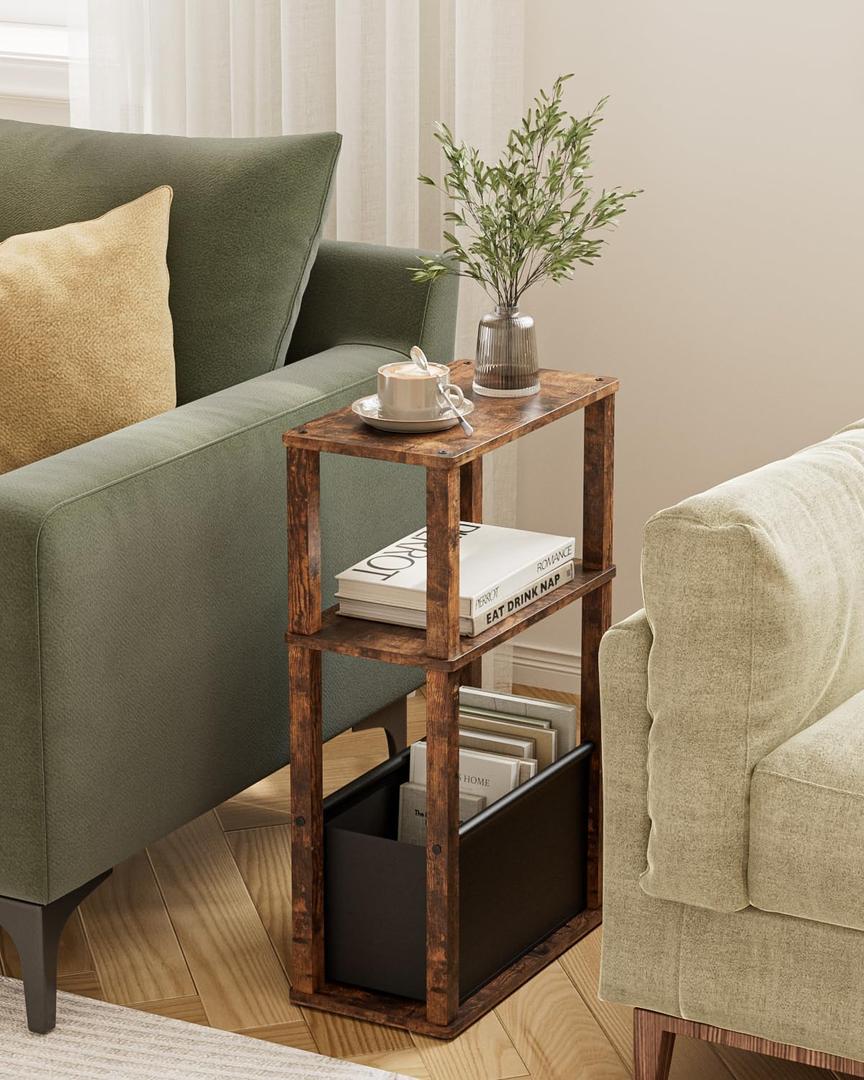 Narrow Side Table, 3-Tier Night Stand with Storage Bag, Skinny Nightstand for Small Spaces, Wooden Bedside Table for Living Room, Bedroom, Rustic Brown