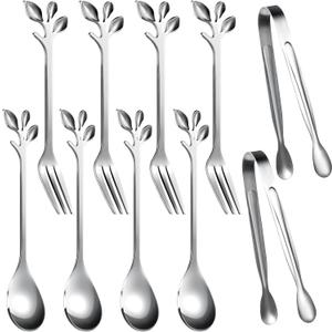 Sieral 10 Pieces Leaf Coffee Spoons, Mini Serving Tongs and Appetizer Forks Stainless Steel Sugar Cube Tongs Dessert Spoons Metal Dinner Forks for Dessert Coffee Tea (Silver)