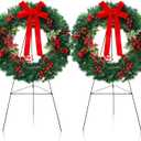 Crowye 4 Pcs Christmas Memorial Cemetery Wreath Set Includes 2 Pcs 20in Christmas Wreath 2 Pcs 30in Easel Stand Holiday Outside Yard Wreath Decoration for Outdoor Gravestone Headstone(Classic)