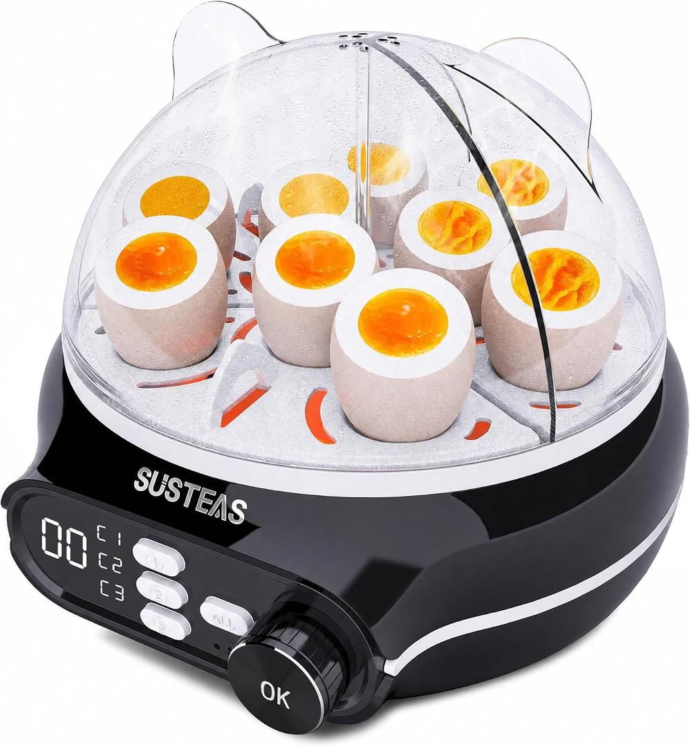 SUSTEAS Rapid Egg Cooker 9 Eggs Capacity, Soft, Medium, Hard Boiled Egg Cooker Simultaneously, Electric Egg Poacher, Kitchen Egg Steamer, Auto Shut-Off, Smart Voice Prompts, Timer Function, Black