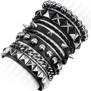 Studded Punk Bracelet Set for Women Men Spike Cuff Black 4 Pcs, One Size
