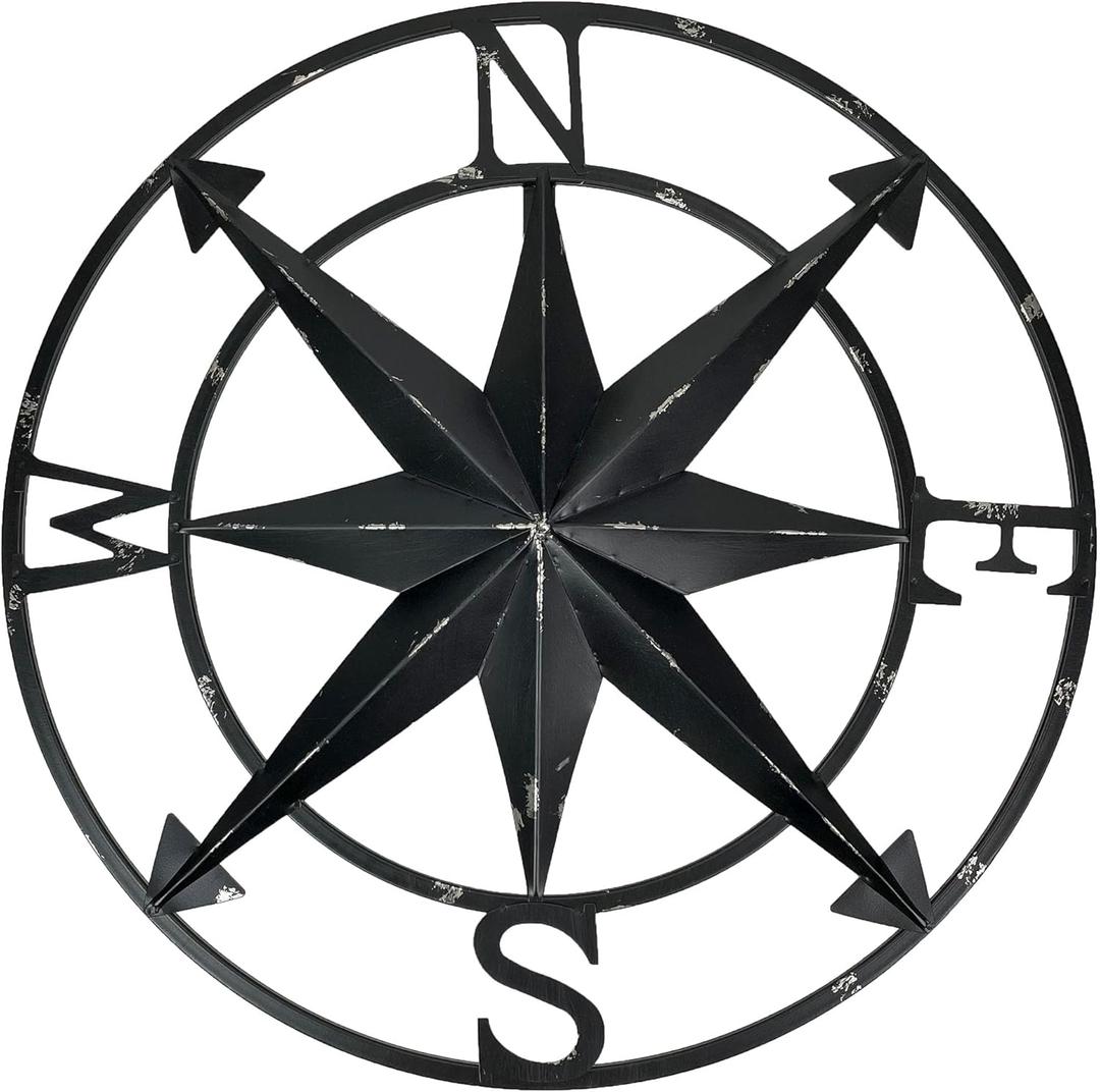 Zeckos Distressed Metal Nautical Compass Rose Wall Dcor - Rustic 20-Inch Diameter Hanging Art with Vintage Black Enamel Finish - Perfect for Indoor and Outdoor Display