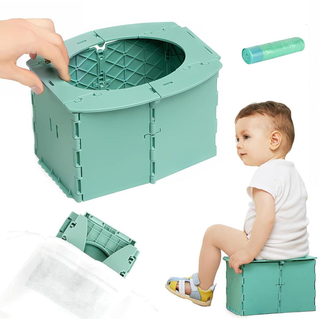 Portable Potty Seat for Toddler Foldable Travel Potty Training Toilet Seat with Cleaning Bags Reusable for Outdoor Camping, Travel, Kids Toddler Travel Potty Seat (Green)