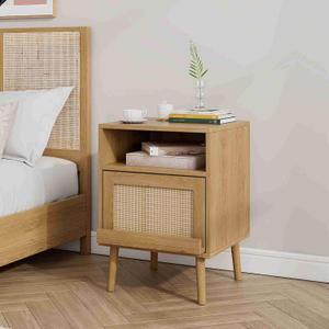 Double Layer Rattan Nightstand, Wood Tall Feet Nightstand Modern Bedside Tables with Open Shelf for Bedroom Living Room