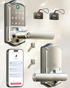 Veise VE019 Fingerprint Smart Lever Lock - APP Control, Keypad Door Lock with Handle, Keyless Entry for Front Door and Bedroom, Electronic Digital Knob, Remote Grant, IP55 Weatherproof, Satin Nickel