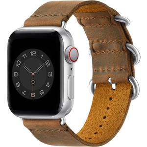 Vintage Leather Bands Compatible with Apple Watch Band 38mm 40mm 41mm 42mm 44mm 45mm 46mm 49mm,Genuine Leather Retro Strap Compatible for Men Women iWatch Ultra SE Series 10/9/8/7/6/5/4/3/2/1 (Brown/Silver)