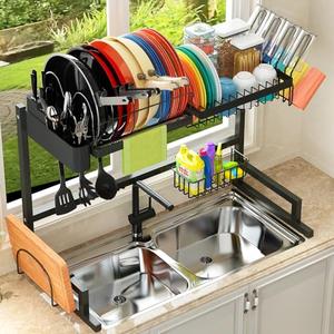 ADBIU 【Fit Sink 24"- 35.6" L 2024 Over The Sink Drying Rack (Expandable Dimension) Snap-On Design 2 Tier Large Dish Rack Kitchen Count Organization and Storage