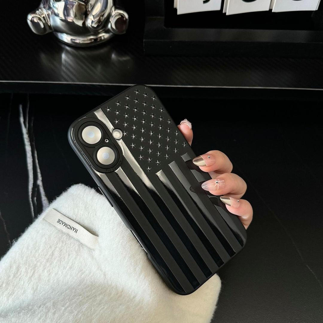 Case for iPhone 16 [Compatible with MagSafe] Built in Magnetic Sleek Print Cool Design for Men Boys American Flag Stars and Stripes Patriotic Theme Soft TPU Protective Shockproof Mate Black