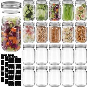 20 Pack Glass Mason Jars, 12 oz Clear Glass Jars with Regular Mouth and Silver Metal lids, Canning Jars for Food Storage, Vegetables and Dry Food, Includes 30 Black Labels