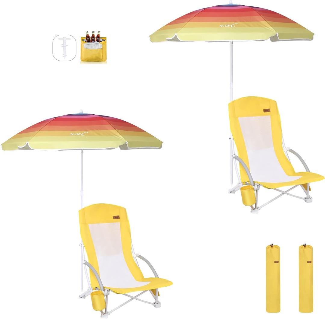 Nice C Beach Chair, Beach Chairs for Adults with Umbrella and Cooler, High Back, Cup Holder & Carry Bag & Heavy Duty Compact Outdoor, Camping (Set of Yellow), 22.83 in x 15.75 in x 31.5 in