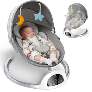 Electric Baby Swing for Infants to Toddler, Bluetooth Baby Rocker with Music Speaker, Protable Bouncer, 5 Sway Speeds 3 Seat Positions, Remote Control for Indoor, Boy, Girl (Light Grey)