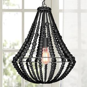 Boho Light Fixtures Wood Beaded Chandelier Farmhouse Pendant Light 1-Light Black 16.5" Ceiling Hanging Light, Dining Room, Living Room, Kitchen, Bedroom, Hallway