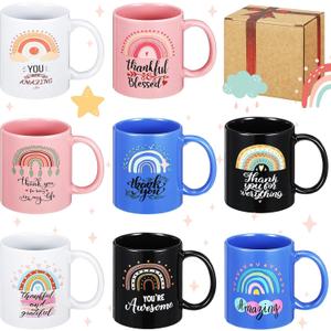 Maxdot 8 Pcs Thank You Mugs 12oz, Thanksgiving Gifts for Women, Teacher Appreciation Mug Set with Handle Rainbow Ceramic Cups, Easter and Halloween for Coworkers Men Nurse Hostess Friend Boss Gift (Fresh Color)