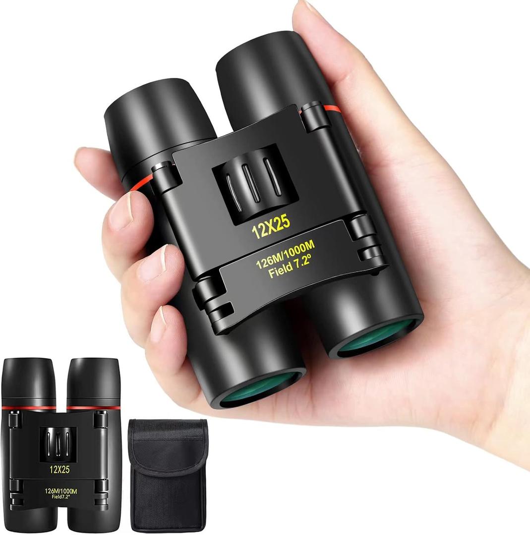 12X25 Mini Pocket Binoculars Compact, Small Lightweight Foldable for Adults Kids Bird Watching, Travel, Opera Concert, Hiking, Cruise, Football Game Green (Black)