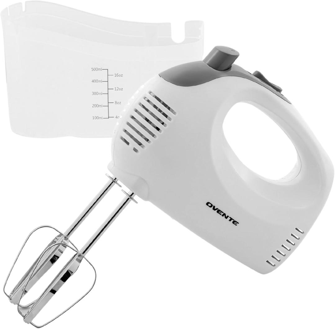 OVENTE 5-Speed Electric Hand Mixer with Stainless Steel Mixing Whisk, Snap-On Storage Case, Portable & Lightweight 150W Motor, Compact Handheld Mixer for Baking, Blending or Cooking, White HM151W