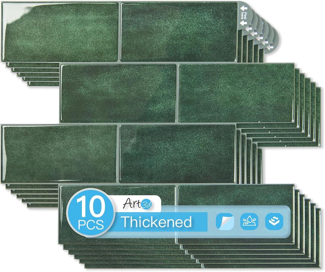 Art3d 10-Pack Heavy-Duty Peel and Stick Backsplash, 12.6 x 10.6 Inch Stick on Wall Tiles for Kitchen Bathroom Countertop Decor, Dark Green
