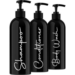 Alora Reusable Shampoo and Conditioner Bottles - Set of 3 - Matte Black - Permanent Stylish Labels - 16oz Pump Bottle Dispenser for Shampoo, Conditioner, Body Wash - Plastic Refillable Containers