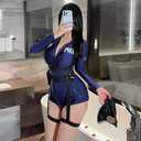 Womens Sexy Police Costume Set with Romper, Harness Belt, Hat, Walkie-Talkie for Halloween Cosplay, Blue Police Officer Uniform Cop Costume Female Lingerie Outfit for Party Bar Clubwear Role Play