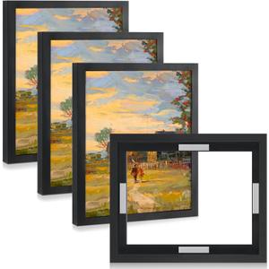 Qunclay 4 Pcs 9 x 12 Inch Canvas Floating Frame Black Floater Frames for Canvas Painting Wood Vertical and Horizontal Wall Hanging Frame with Adhesive Strips for Oil Painting Diamond Decor