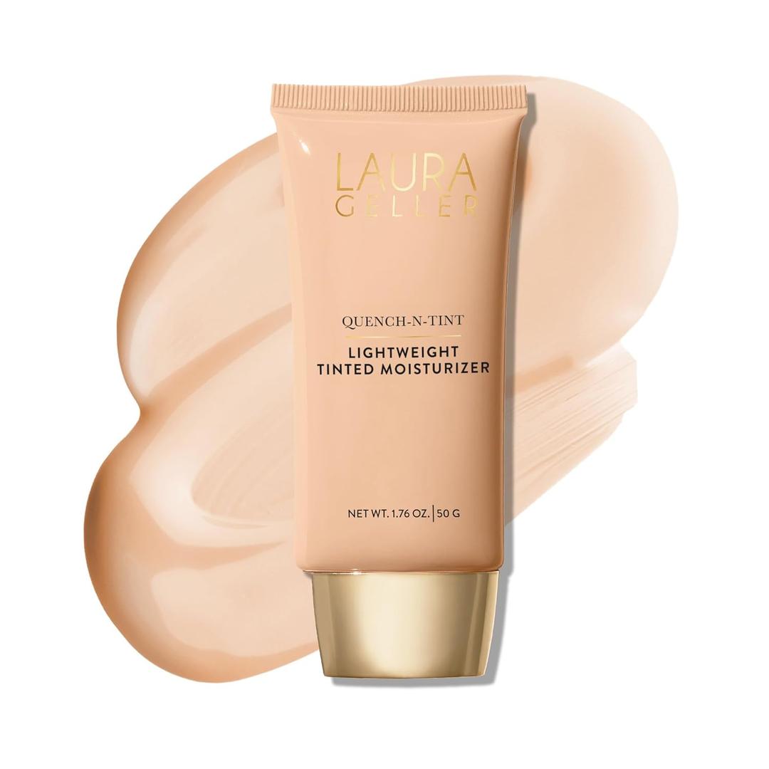 LAURA GELLER NEW YORK Quench-n-Tint Tinted Moisturizer - Sheer to Light Buildable Coverage - Natural Glow Finish - Lightweight Formula with Hyaluronic Acid, 01 Porcelain/Fair (1.76 Fl Oz (Pack of 1))