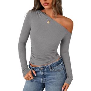 PRETTYGARDEN Womens Off the Shoulder Long Sleeve Shirts | Soft Stretchy Knit Blouse, Slim Fit Asymmetrical Tees, Ruched Going Out Y2K Tops, Spring Fall Trendy Clothes for Date Night (Gray, XL)
