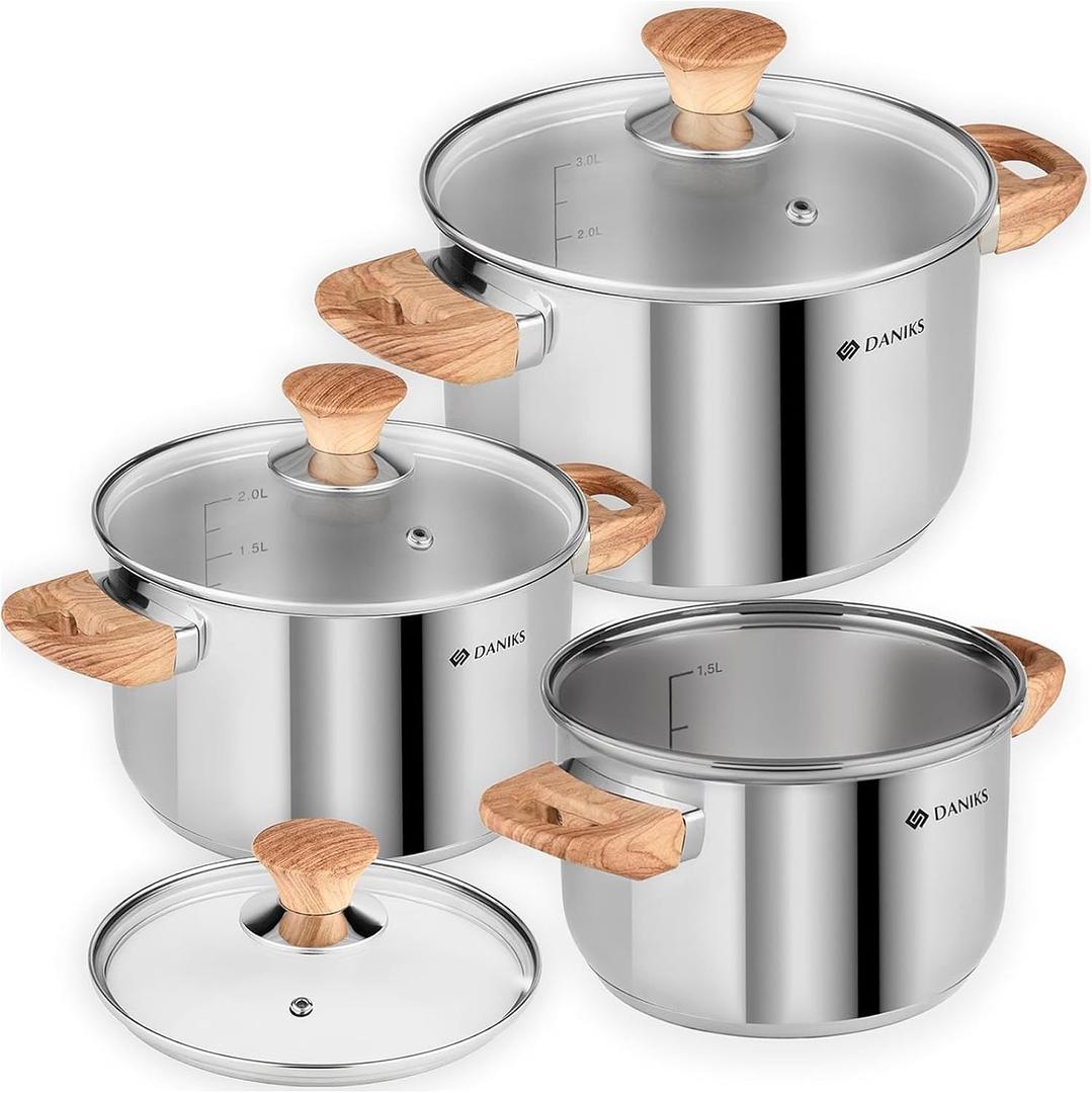 Daniks Oslo 6-Piece Stainless Steel Cookware Set with Glass Lids, Tri-Ply Bases for Even Heating, Induction Compatible, Dishwasher Safe, Bakelite Handles
