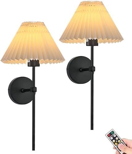 Battery Operated Wall Sconces Set of Two,Rechargeable Wall Lights with Timer,Indoor Non Hardwired Wall Lamp Light Fixtures Black with White Fabric Shade for Bedroom Living Room Bathroom