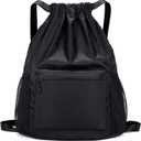 Drawstring Backpack, Gym Bag with Water Bottle Pocket, Drawstring Sackpack, Waterproof String Backpack for Soccer, Basketball, Swim for Women Men (Black)