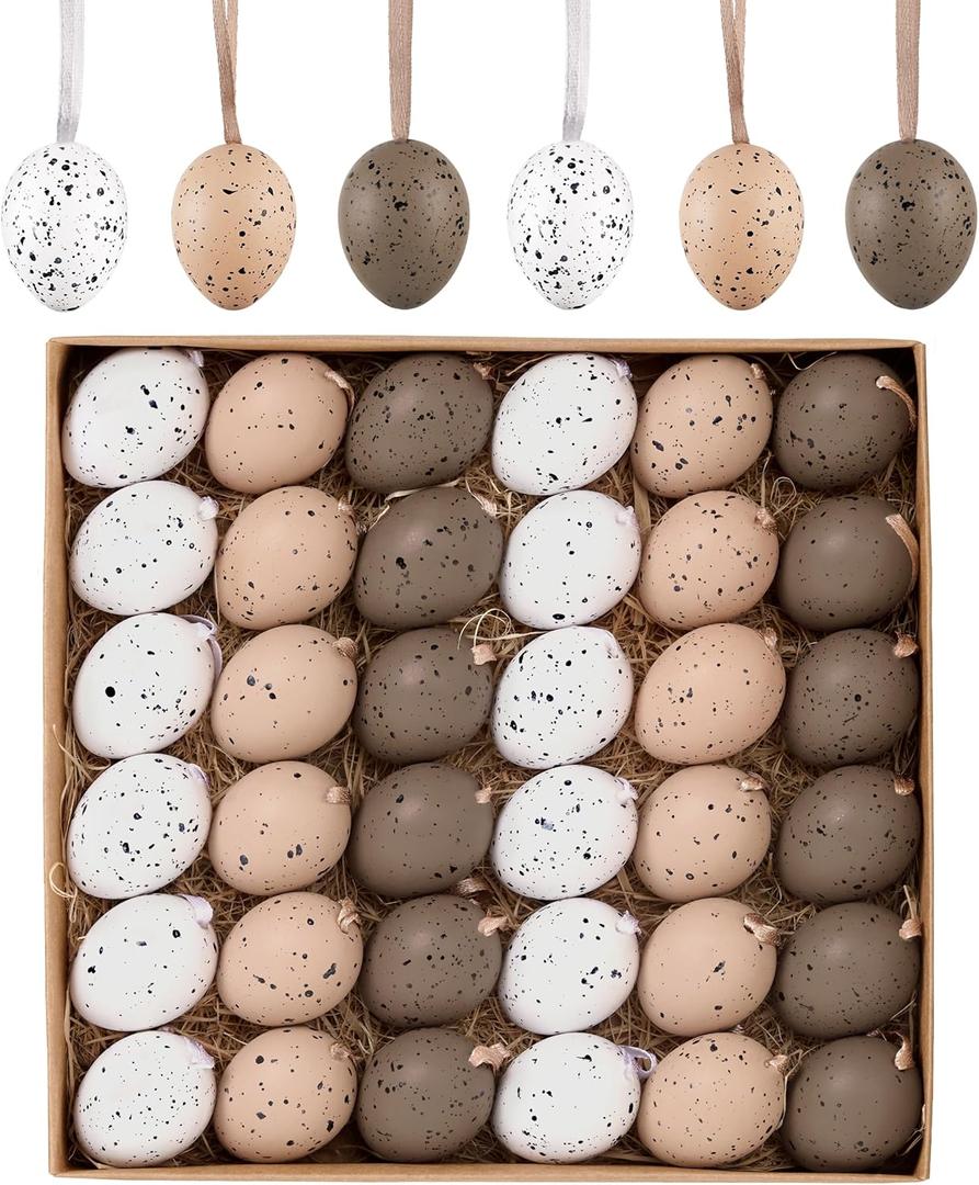 Valery Madelyn 36Pcs Easter Eggs Ornaments for Small Tree Decorations, 1.57" Neutral Beige White Plastic Easter Eggs Bulk, Shatterproof Decorative Hanging Egg Decorations Spring Party Decor
