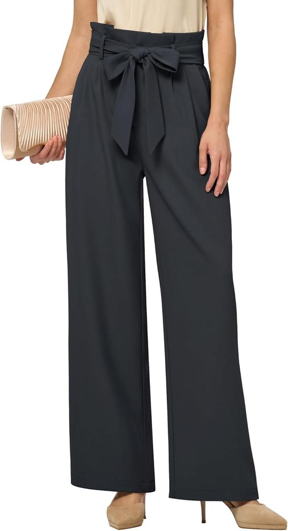 Willit Women's Wide Leg Pants Belted High Waisted Work Dress Pants Casual Palazzo Long Trousers 28" Steel Gray, XS