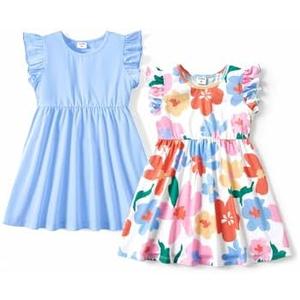 PATPAT Toddler Girl's Floral Dress Sets Pack Ruffle Sleeve Sleeveless A-line Skater Dresses Set Blue 2 Years