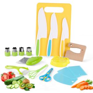 16PCS Montessori Kitchen Tools Cookware Baking Toy, Toddler Baking Set for Real Cooking includes 3 Serrated Edges Plastic Toddler Knives, Cutting Board, Y Peeler, Egg Beater, Toddler Food Picks