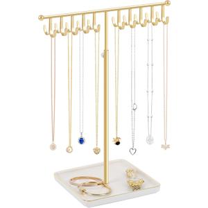 Necklace Holder Elegant Jewelry Holder Stand, Gold Necklace Organizer Rack with Ceramic Base Adjustable Jewelry Tree for Bracelets, Rings, Earrings Necklaces Hanger Display(Gold)
