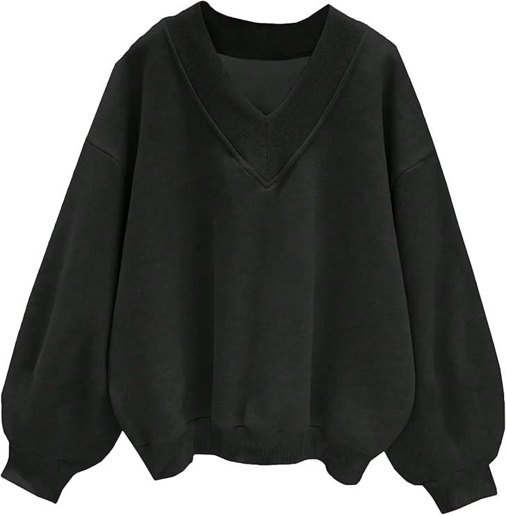 Hilinker Womens V Neck Oversized Sweatshirts Casual Drop Shoulder Long Sleeve Pullover Tops, Size: 3XL