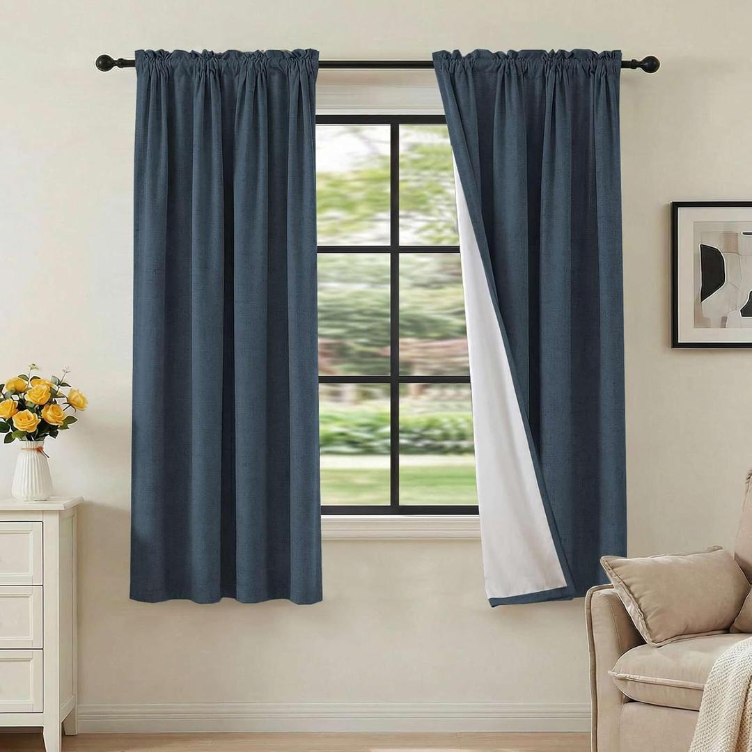 H.VERSAILTEX Linen Look 100% Blackout Curtains 63 Inches Long for Bedroom Full Light Blocking Rod Pocket 42 Inches Wide Linen Textured Thick Window Curtain Drapes with White Backing, Navy, 2 Panels
