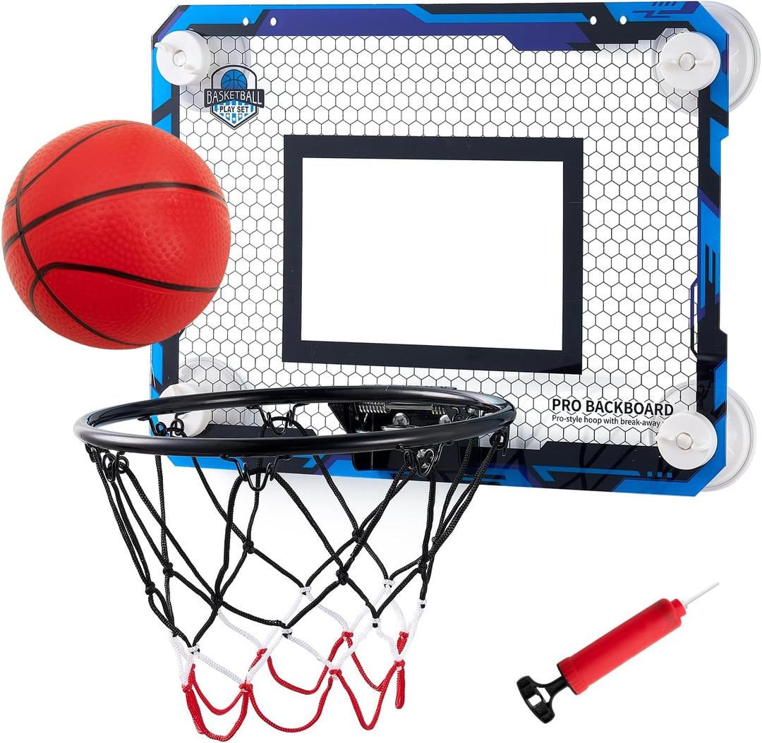 BOHEN Indoor Mini Basketball Hoops with Powerful Suction Cup, Stick to Windows, Wooden Doors, Smooth Walls - Basketball Backboard Indoor Bedroom Office for Kids Teens Adults (Blue Ordinary)